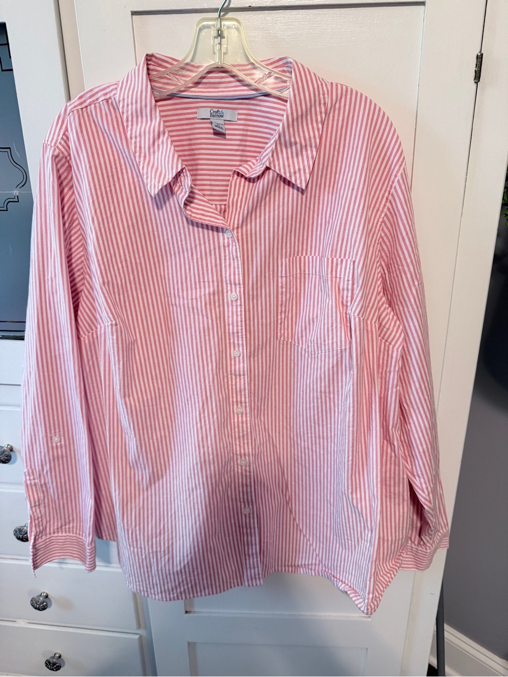 croft & barrow Pink and White Striped Collared Shirt - Picture 2 of 6